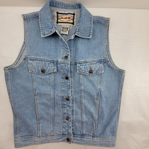 Vintage Denim Vest Womens L Blue Faded Button up w pockets by ABE Jeans - Picture 1 of 14